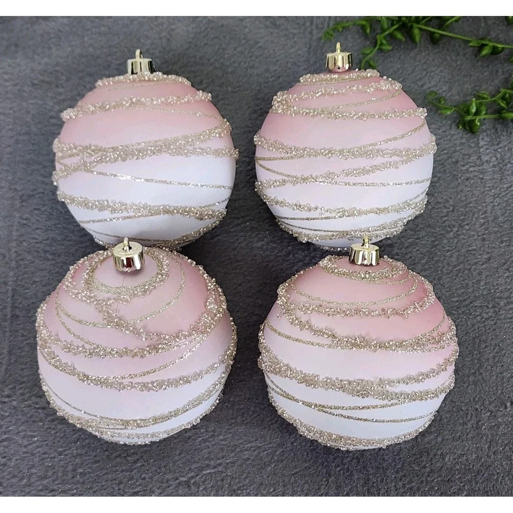 4 Pink Gold Beaded Christmas Round‎ Ball Ornaments Ombre Rose Gold Plastic 4